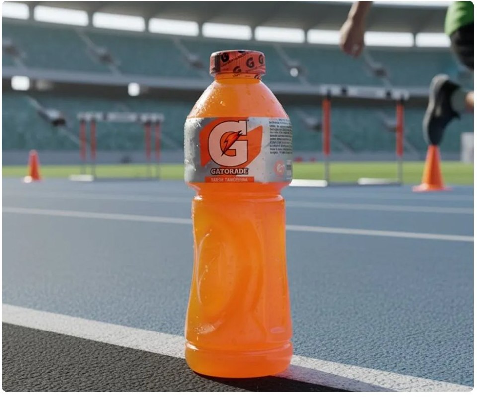 Garrafa laranja de Gatorade na pista de atletismo, com atleta ao fundo