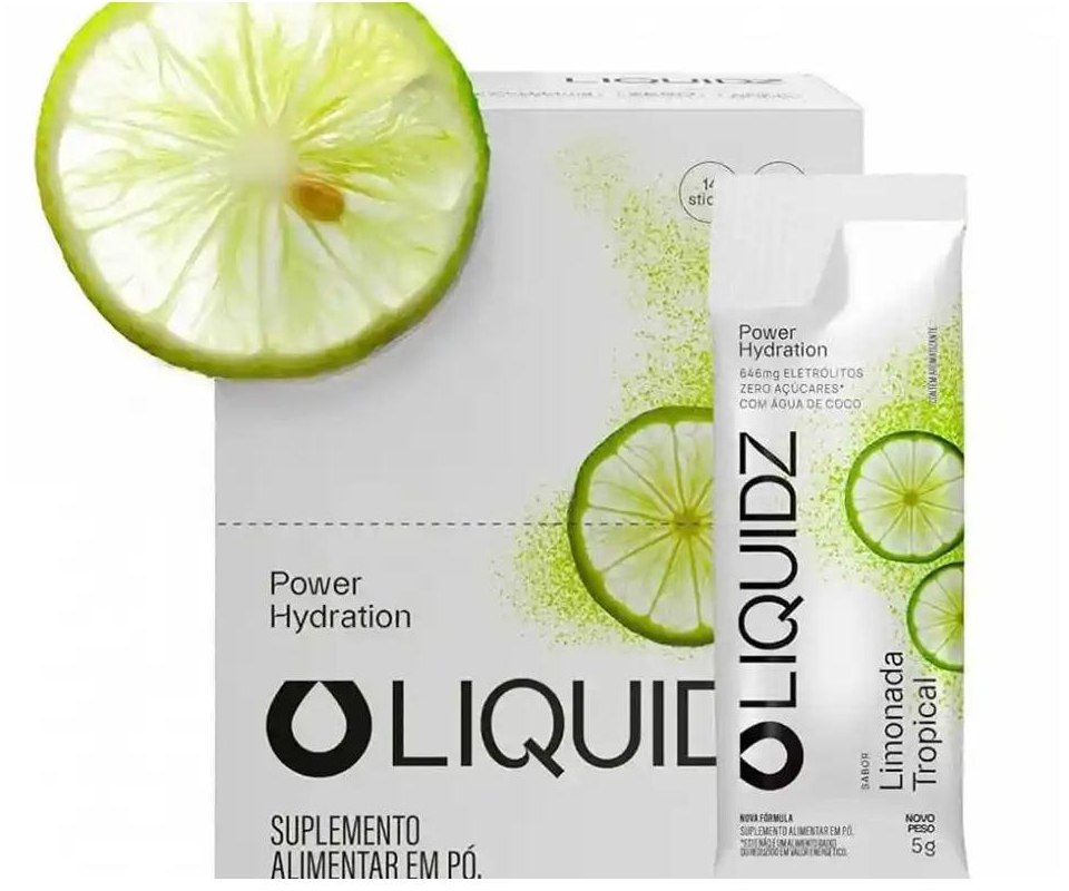 Caixa e sachê do repositor Liquidz sabor limonada tropical, com rodelas de limão